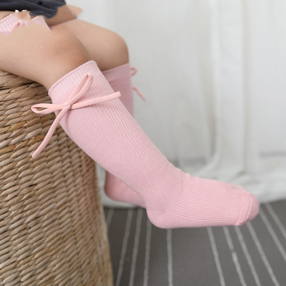 Buy Center Exclusive Offer-Girls' Bow Tube Socks Children's Monochrome Flat Mouth Pink