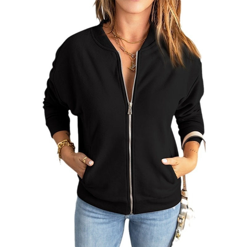 Women's Solid Color Zipper Jacket Coat Fashion Casual Cardigan Long Sleeve Stadiumjumper