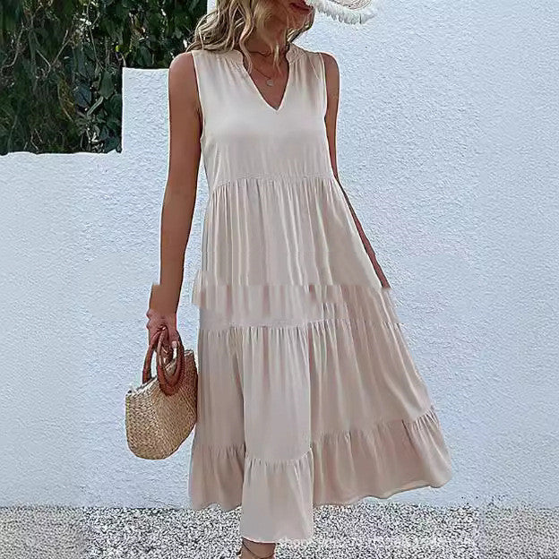 Newly Released at Buy Center: Loose Waist Sleeveless V-neck Swing Solid Color Length Dress Apricot