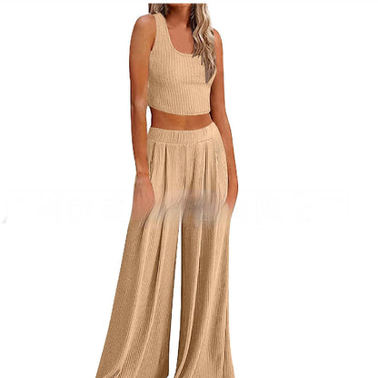 Just Arrived at Buy Center: Pajamas Rib Midriff-baring Top Loose Casual Wide-leg Pants With Pocket Back Khaki