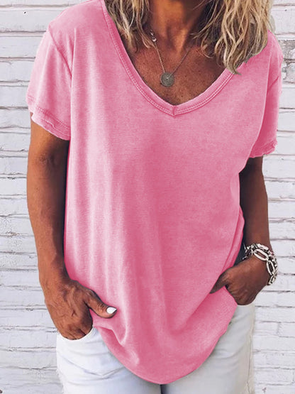 Buy Center Excellence-Cross Border Large V-neck Printed T-shirt Popular Foreign Trade Loose Leisure All-matching Short Sleeve Pink