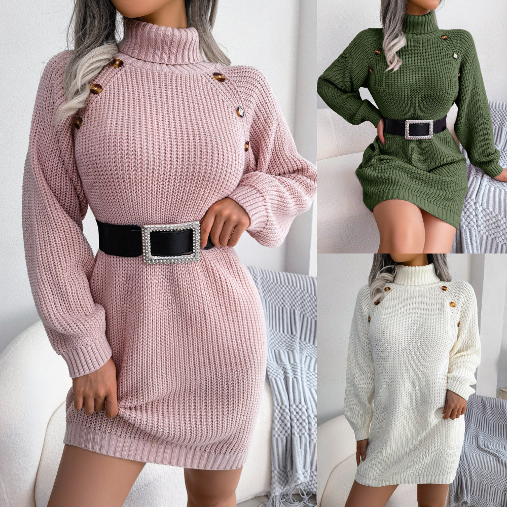 Winter Turtleneck Long Sweater Dress With Button Design Leisure Clinch Long Sleeve Base Sweater Women Buy Center