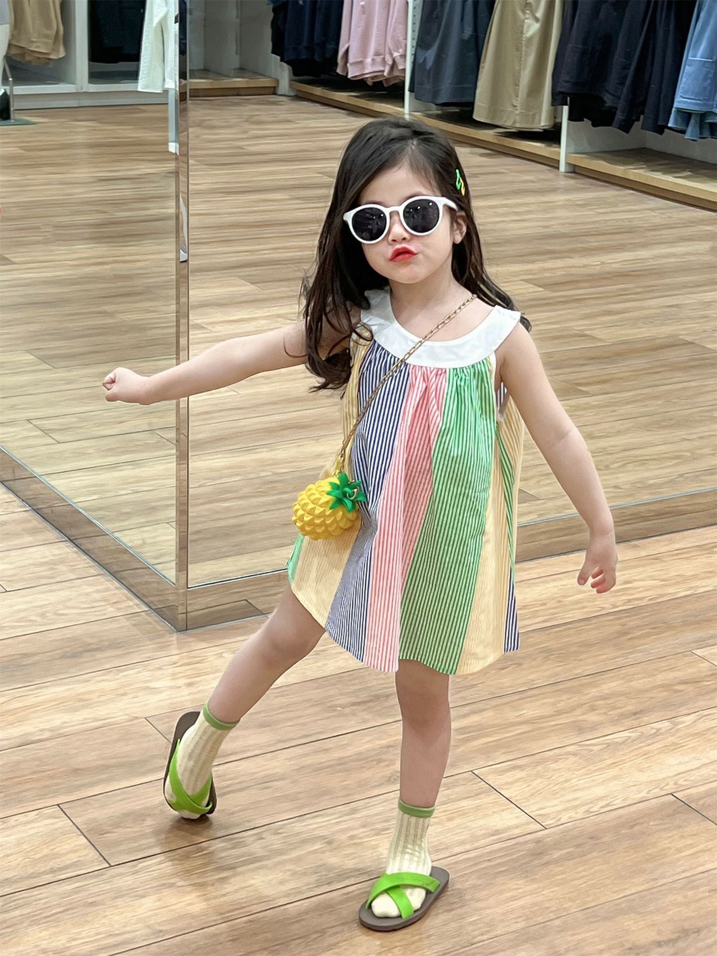 Fresh on the Scene at Buy Center: Girl's Fresh Color Printing Vertical Stripe Sling Dress