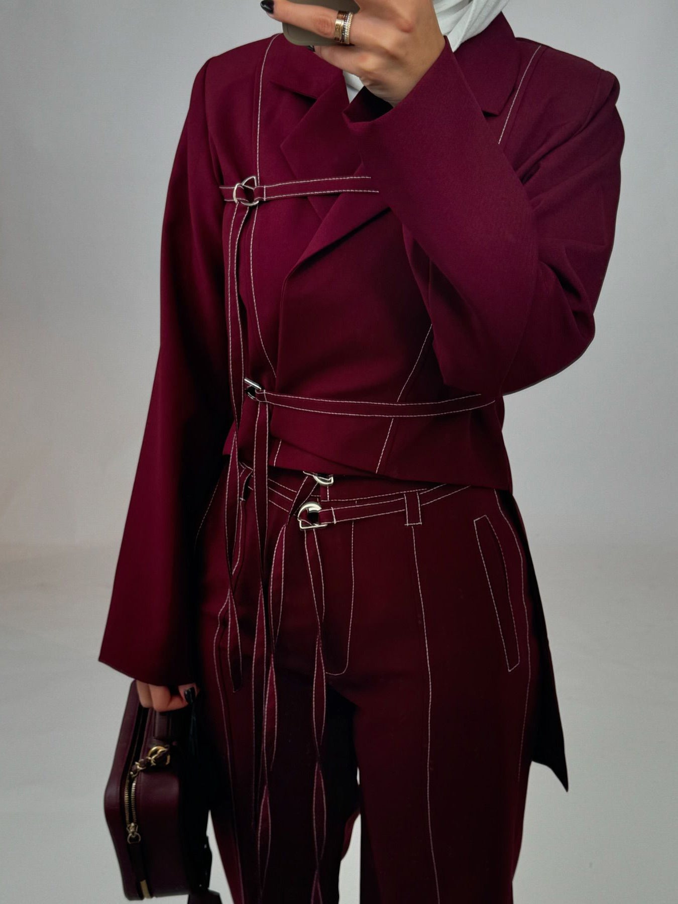 Burgundy Lace-up Top & High-waisted Pants Set Buy Center