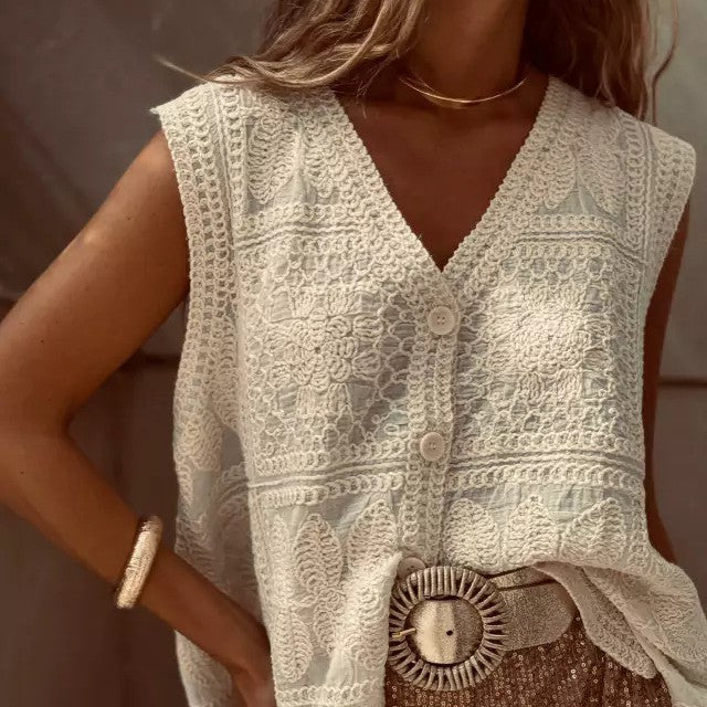 V-neck Vest Lace Embroidered Buckle Cardigan Vest Vacation Top