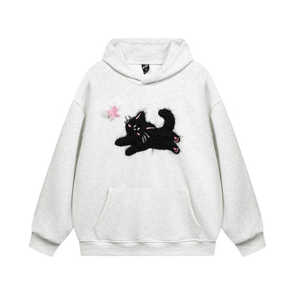 Buy Center Prestige-Butterfly Kitten Chain Embroidery Loose Hooded Sweater Light Gray