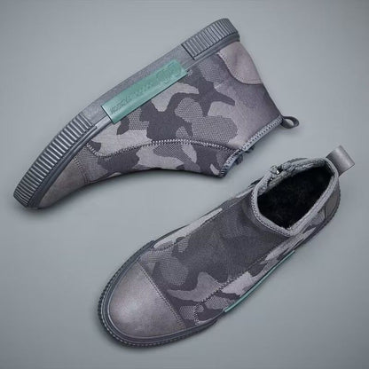 Fresh on the Scene at Buy Center: Men's High-top Canvas Slip-on Lazy Camouflage Trend Versatile Breathable Casual Shoes Dark Gray Fleece Lined