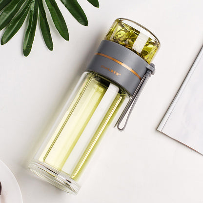 Glass Water Bottle With Tea Infuser Filter Tea Separation Double Wall Glass Bottle Leakproof Water Bottle Grey 450ml