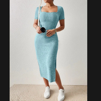 New Square Collar Side Slit Rib Knit Dress