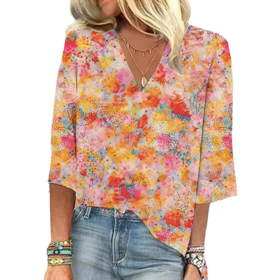 Fresh Arrivals at Buy Center: Women's European And American All-matching Printed Casual V-neck Shirt