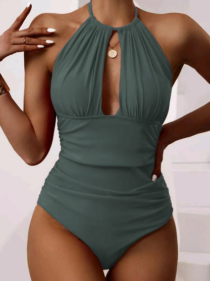 New One-piece Halter Hot Spring Swimming Swimsuit For Women Gray Green