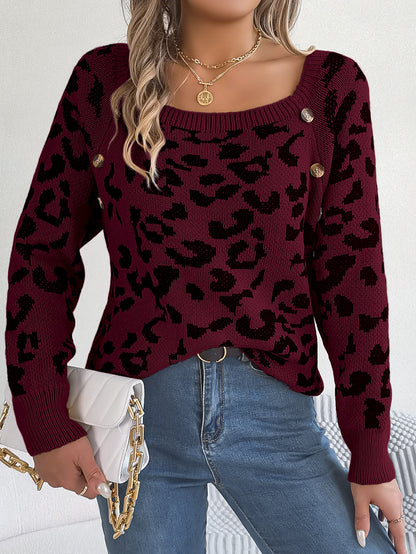 Casual Square Collar Button Contrast Color Leopard Print Long Sleeve Sweater Buy Center