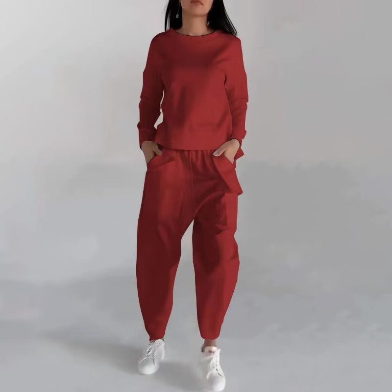 Newly Released at Buy Center: Solid Color Fashion Sweatshirt Long Sleeve Back Slit Top With Pockets Loose Trousers Women's Clothing Red