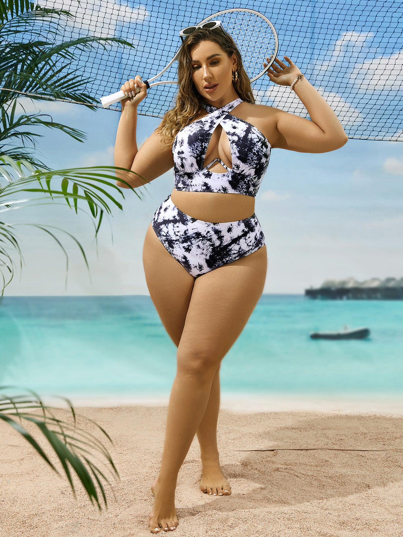 Newly Released at Buy Center: Cross Collar Random Printed Bikini Swimsuit Suit