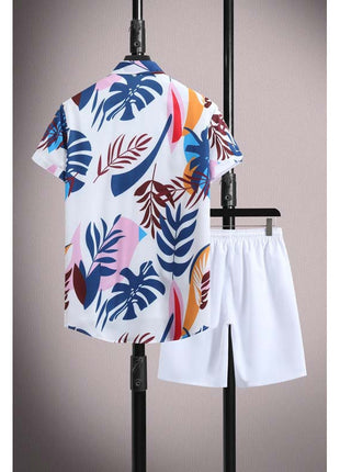 Men's Casual Ice Silk Micro-elastic Printed Short-sleeved Shirt Shorts Suit