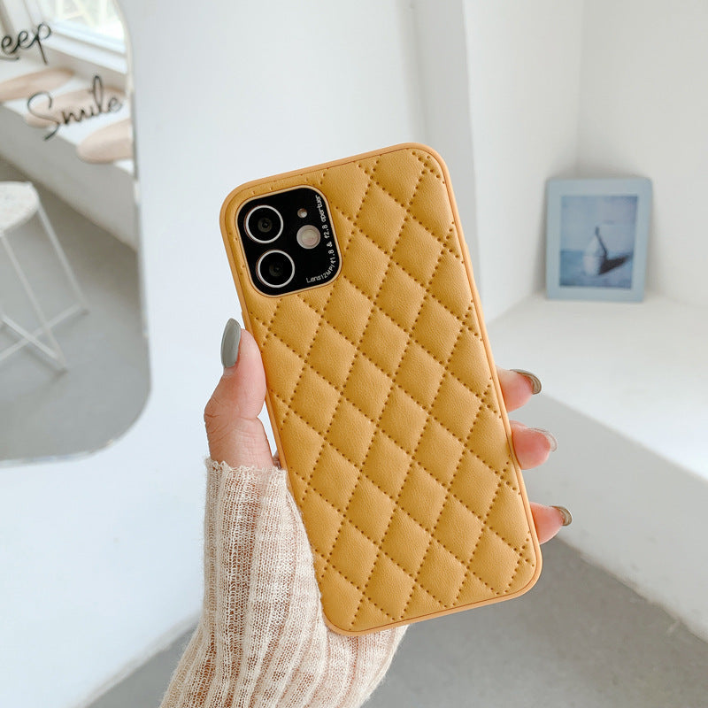 New at Buy Center: Solid Color Diamond Plaid Lambskin Phone Case Yellow