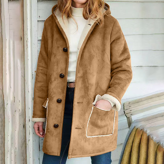 Solid Color Retro Suede Hooded Coat Autumn And Winter Women's Long Sleeve Pocket Loose Sweater | Women's Clothing4 | Buy Center