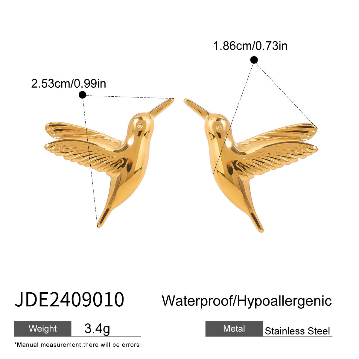 Stainless Steel Gold Peace Dove Stud Earrings Simple