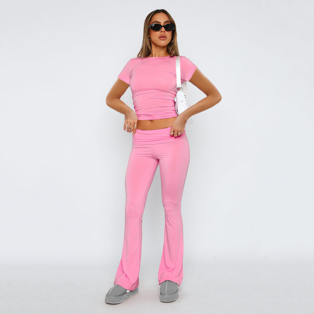 Buy Center Trend-Fashion Slimming Solid Color Blouse And Pants Women Dark Pink Suit Short Sleeve