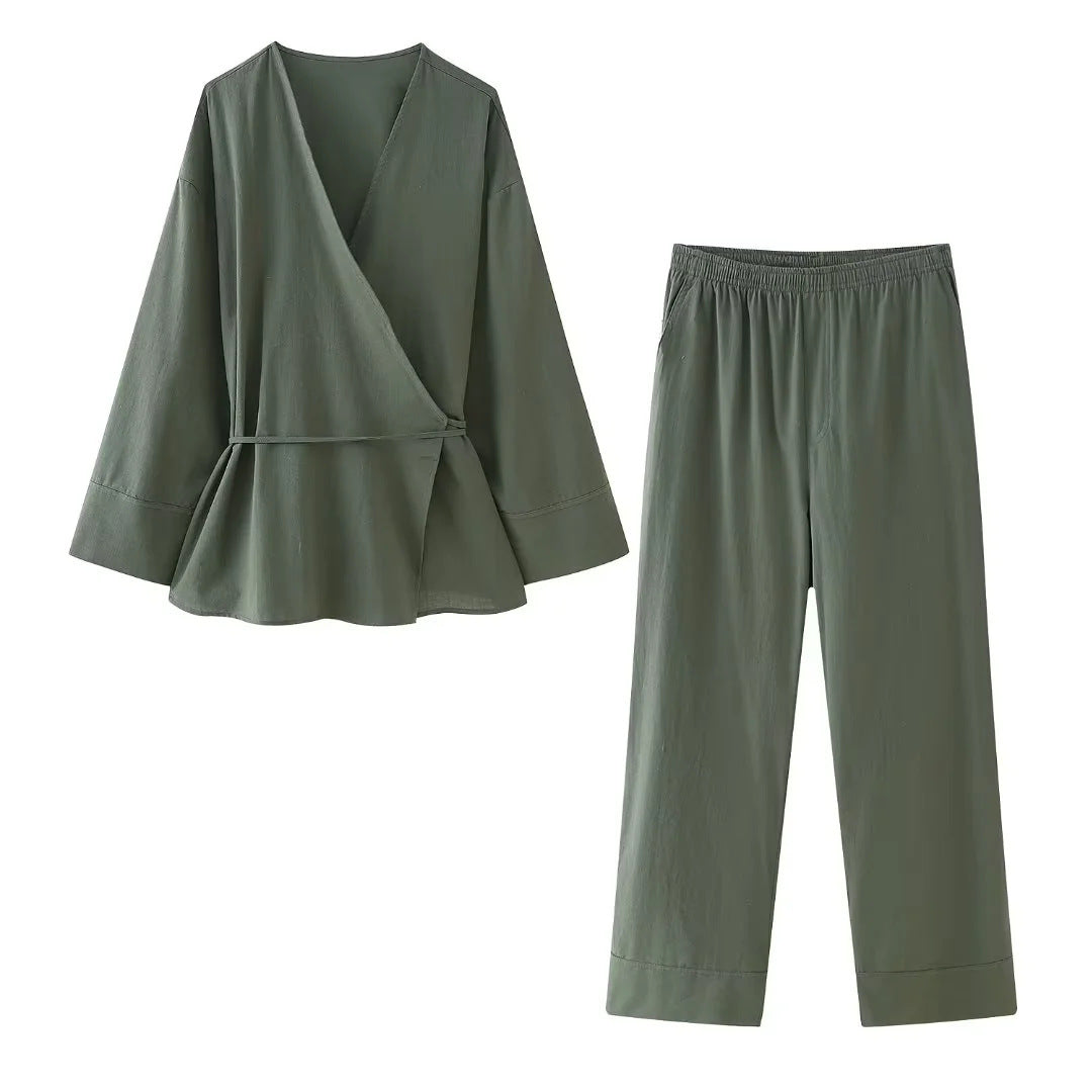 Fresh Arrivals at Buy Center: Spring New Double Breasted Kimono Coat Straight Pants Suit Dark Green Suit