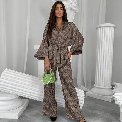 Newly Arrived at Buy Center: Printed Loose Cardigan Nightgown Trousers Suit