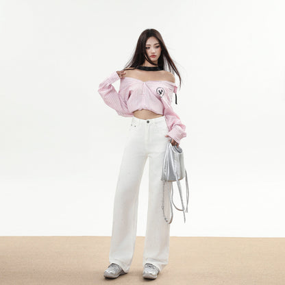 Winter Trend Rhinestone White Soft Wide Leg Mopping Jeans Trousers Lengthened Buy Center