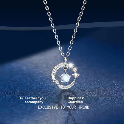 New 925 Silver Plated Delicate Feather You Accompany Moonstone Necklace