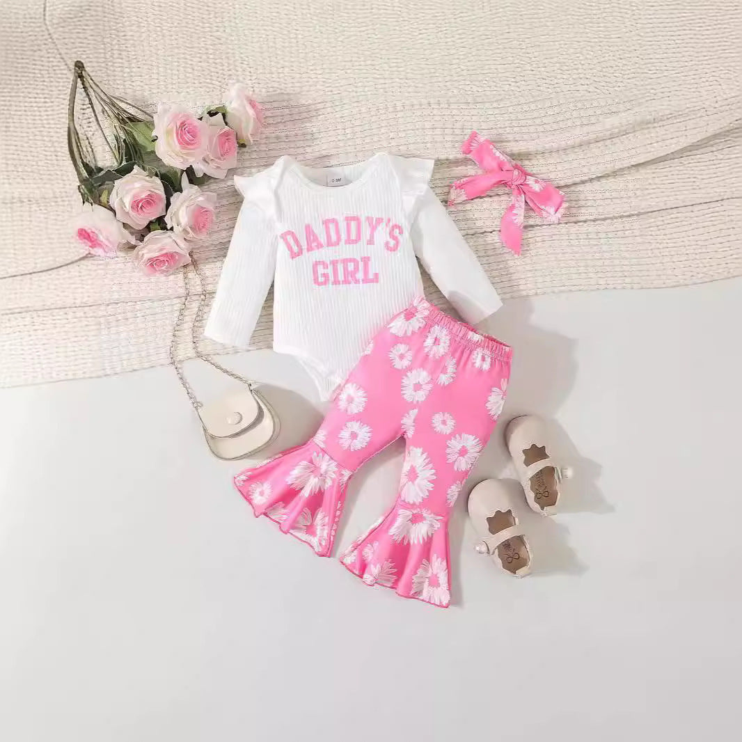 Fresh Arrivals at Buy Center: Baby Girl Cartoon Animal Flower Bell-bottom Pants Long Sleeve Headdress Three-piece Set