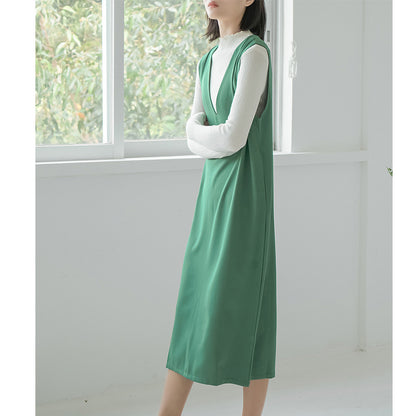 Autumn And Winter Sleeveless V-neck Overknee Long Dress Solid Color Peacock Blue