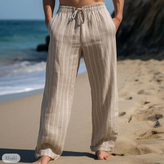 Just Arrived at Buy Center: Men's Linen Drawstring Elastic Waist Straight Striped Comfortable Breathable Casual Pants