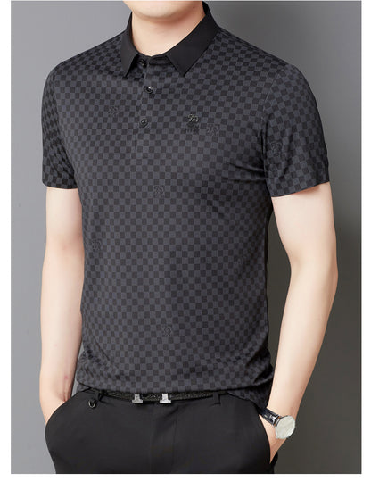 Newly Released at Buy Center: Men's Lapel Plaid Printed Seamless High Elasticity Ice Silk Short Sleeve