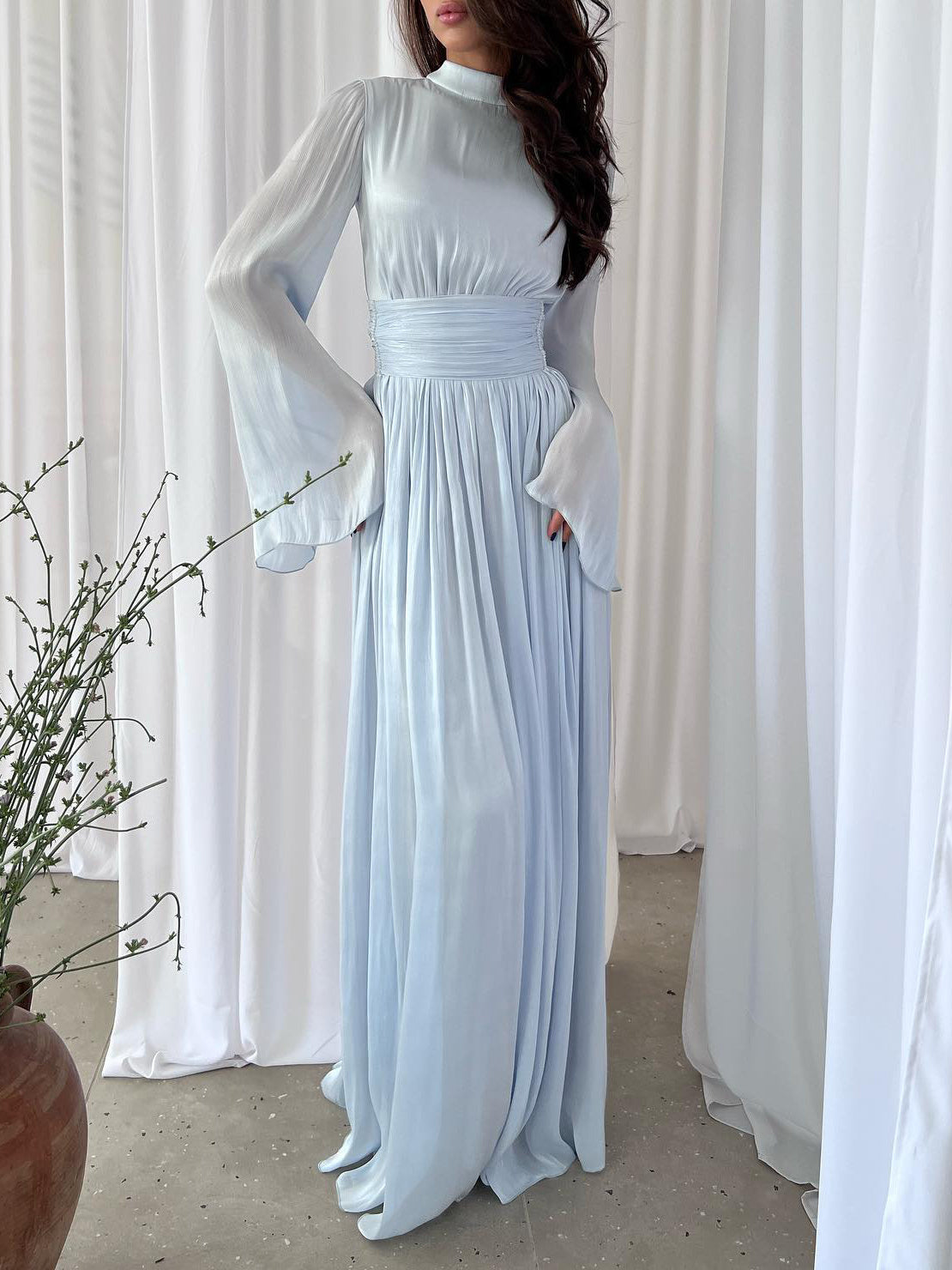 Just Arrived at Buy Center: Solid Color Long Sleeve Silk Organ Maxi Dress Blue