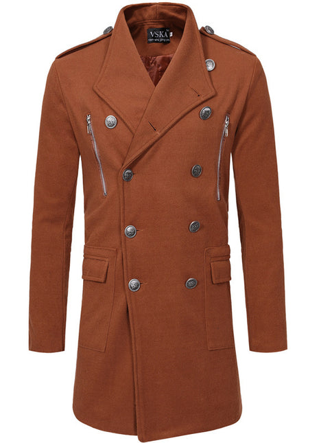 Double-breasted Large Lapel Men's Casual Slim-fit Mid-length Woolen Trench Coat