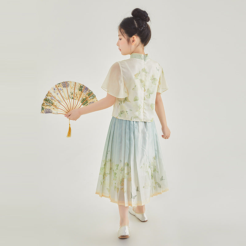 Fresh Arrivals at Buy Center: Girls Chinese Style Traditional Short Sleeve Horse-face Skirt Kids Clothes Two-piece Suit