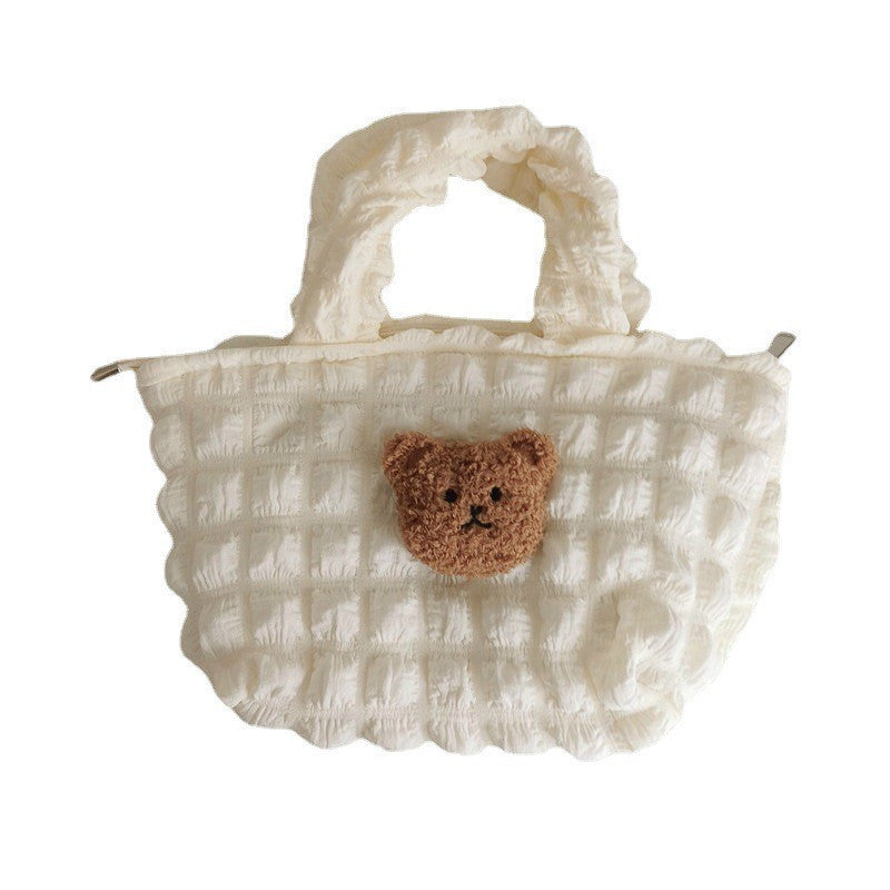 Bolso de mano acolchado con cabeza de oso de peluche tridimensional a cuadros