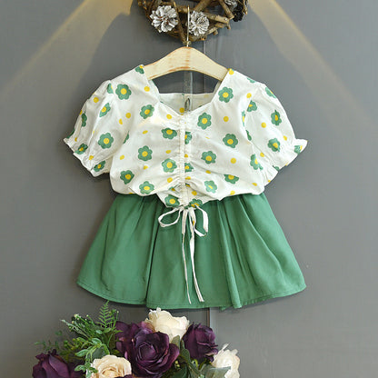 Fresh Arrivals at Buy Center: Girls' Western Style Printed Drawstring Simple Skirt Outfit Green