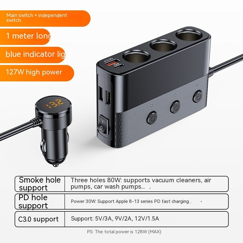 Newly Released at Buy Center: One-to-three Vehicle Cigarette Lighter Multi-function USB30 And PD Interface C28 Black