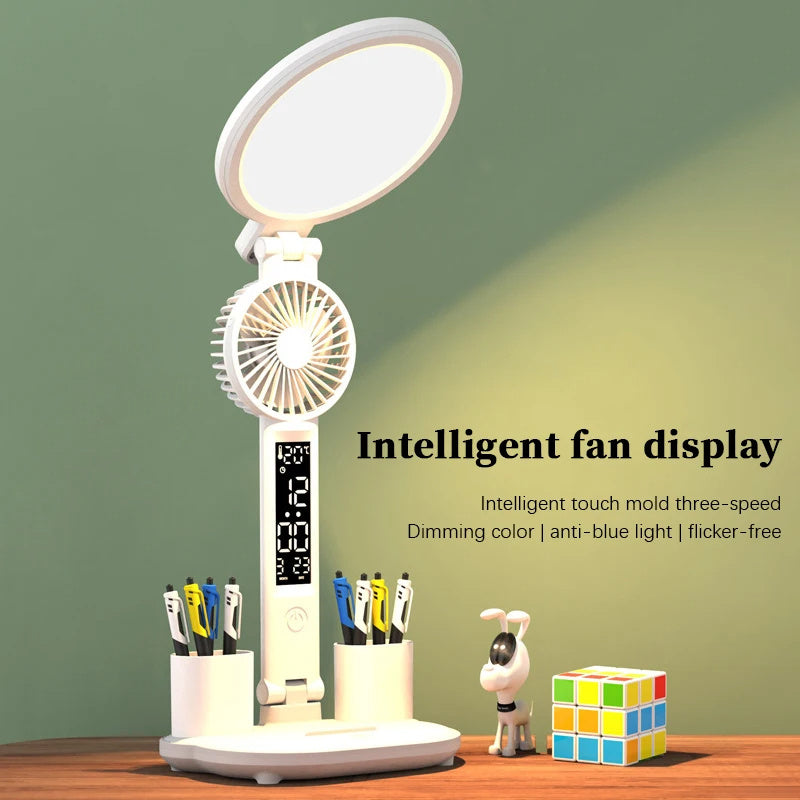 Just Arrived at Buy Center: LED Clock Table Lamp USB Chargeable Dimmable Desk Lamp Plug-in LED Fan Light Foldable Eye Protection Reading Night Light