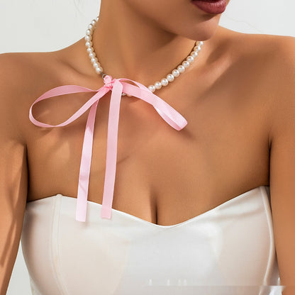 New Cross Border Retro French Velvet Pearl Bracelet Bow Collarbone Factory Wholesale Pearl Ribbon Necklace Pink