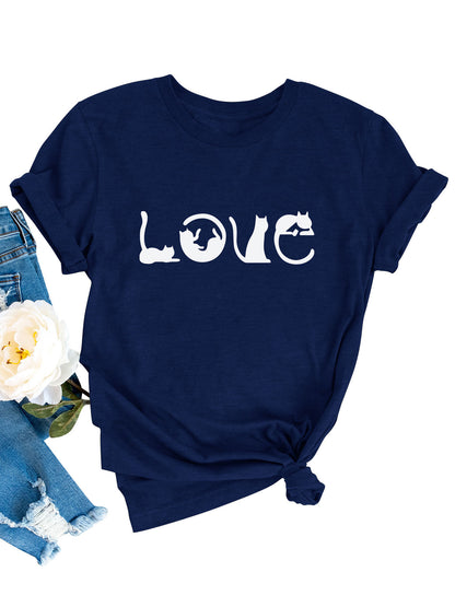 Amazon Valentine's Day LOVE Printed Women's Pullover T-shirt Navy Blue