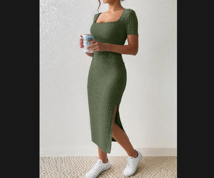 New Square Collar Side Slit Rib Knit Dress Green