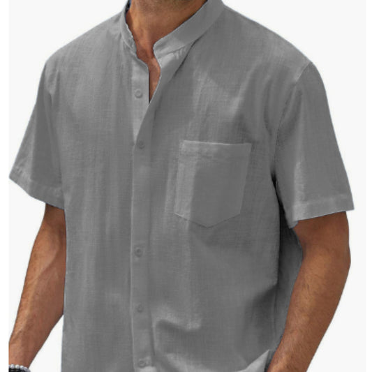 Newly Released at Buy Center: Short Sleeve Pocket Cotton Shirt Button Beach Casual Gray