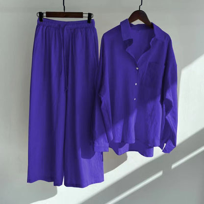 Buy Center Hot Pick-Cross-border Women's Ancient Cotton And Linen Shirt Outfit High Waist Loose Trousers Dark Blue