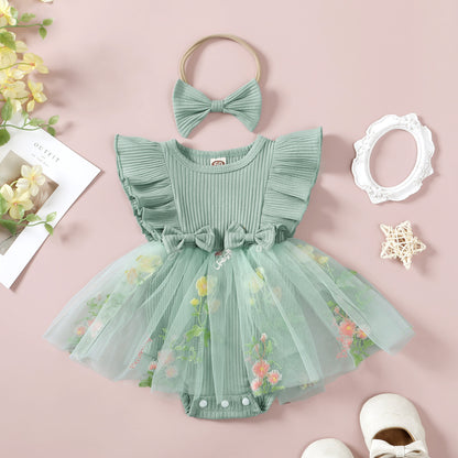 Fresh Arrivals at Buy Center: Baby Girl Embroidered Mesh Princess Dress Headgear Suit Green