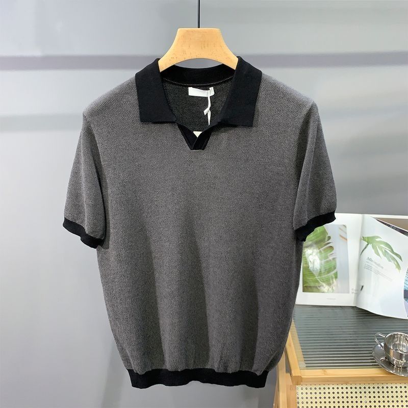 Hot New Items at Buy Center: Men's Ice Silk Knitted Trendy Niche Contrast Color Lapels Short Sleeve Black And Gray