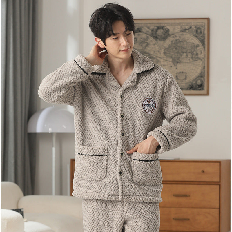 Autumn And Winter Flannel Men's Pajamas Men's Lapel Cardigan Buy Center