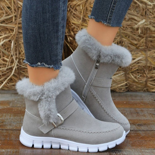 New Snow Boots Winter Warm Thickened Solid Color Plush Ankle Boots With Buckle Design Plus Velvet Flat Shoes For Women Grey