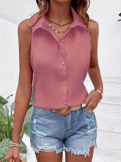 Buy Center Top Pick- Summer Solid Color Sleeveless Button Shirt Pink