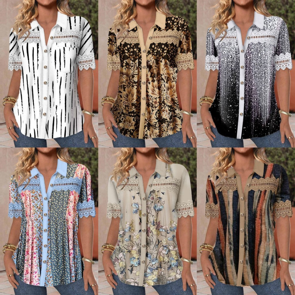 Buy Center Deal-Women's V-neck Buttons Stitching Short Sleeve Casual Printed Shirt