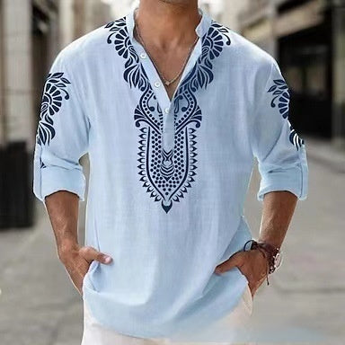 Camisa informal de playa de manga larga con cuello alto para hombre